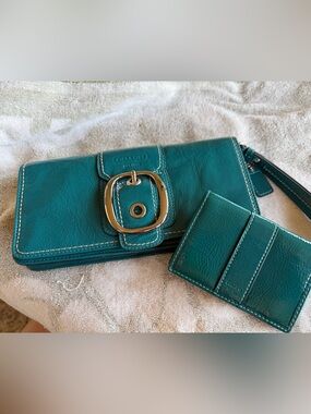 Coach Teal Patent Leather Wristlet and Matching Card Holder